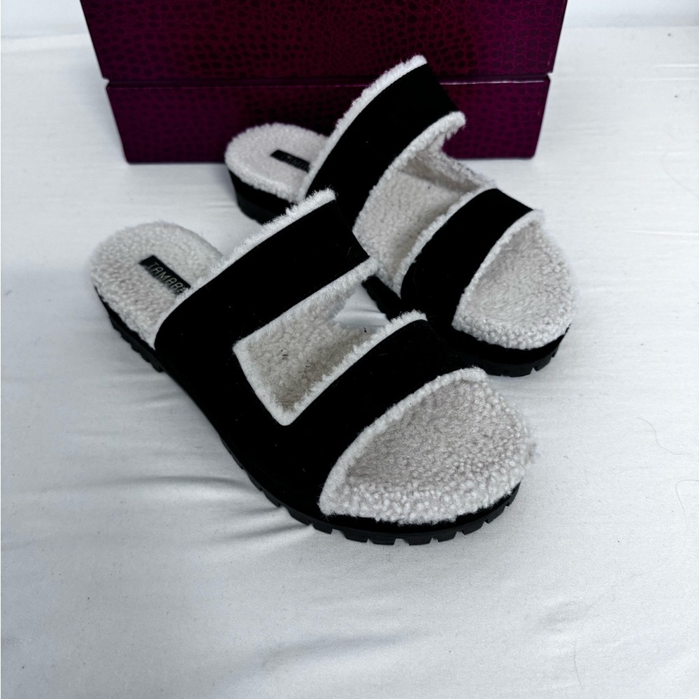 Tamara Mellon Black Suede Shearling Lined Roam Sandals FREE SHIPPING